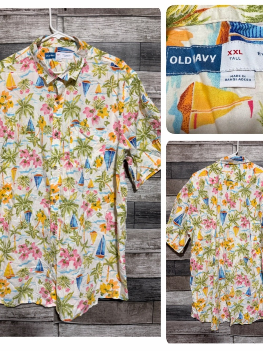 Old Navy Everyday Shirt Regular Fit Hawaiian Shirt Men XXL Tall Palm Tree Boats